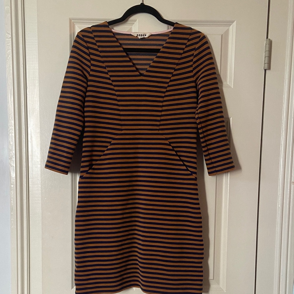 Boden Brown and Blue Striped V-Neck Shift Dress